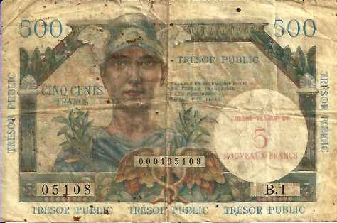 5NF sur 500 francs Trésor Public type 1960