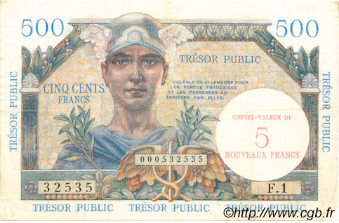 5NF sur 500 francs Trésor Public type 1960