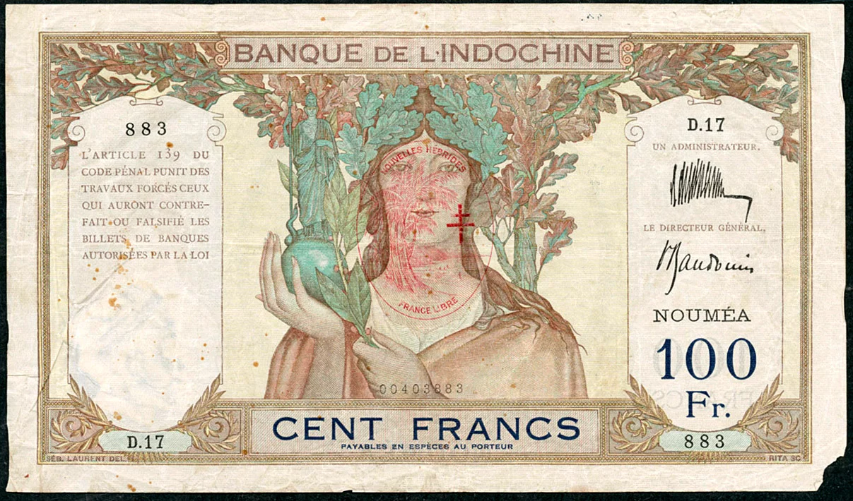 100 francs type 1931 ruines d’Angkor surchargé « France libre »