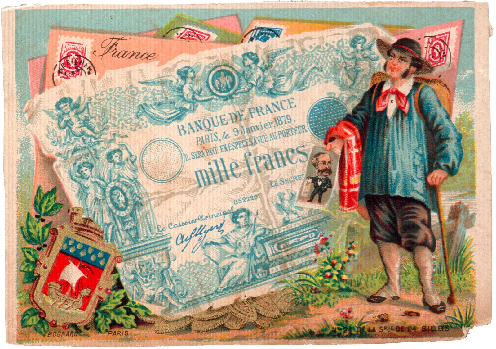 chromo publicitaire de 1879 représentant le 1000 francs type 1862 - à indices noirs
