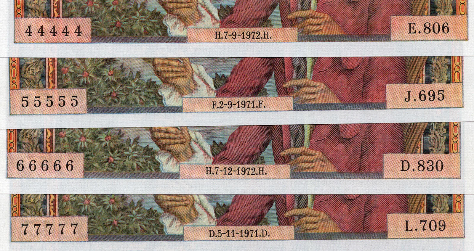 Série de 10 billets de 10 francs Voltaire avec numéros solides - Fancy numbers !