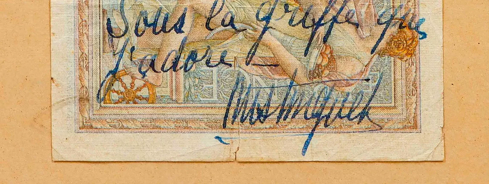 Dédicace de la chanteuse et actrice française Mistinguett sur le verso d'un 100 francs LOM