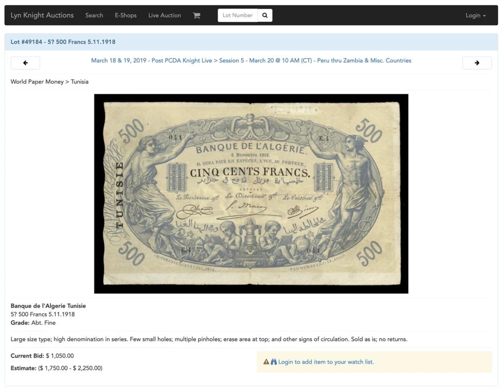 500 francs type 1918 Tunisie, vente Lyn knigth Auctions