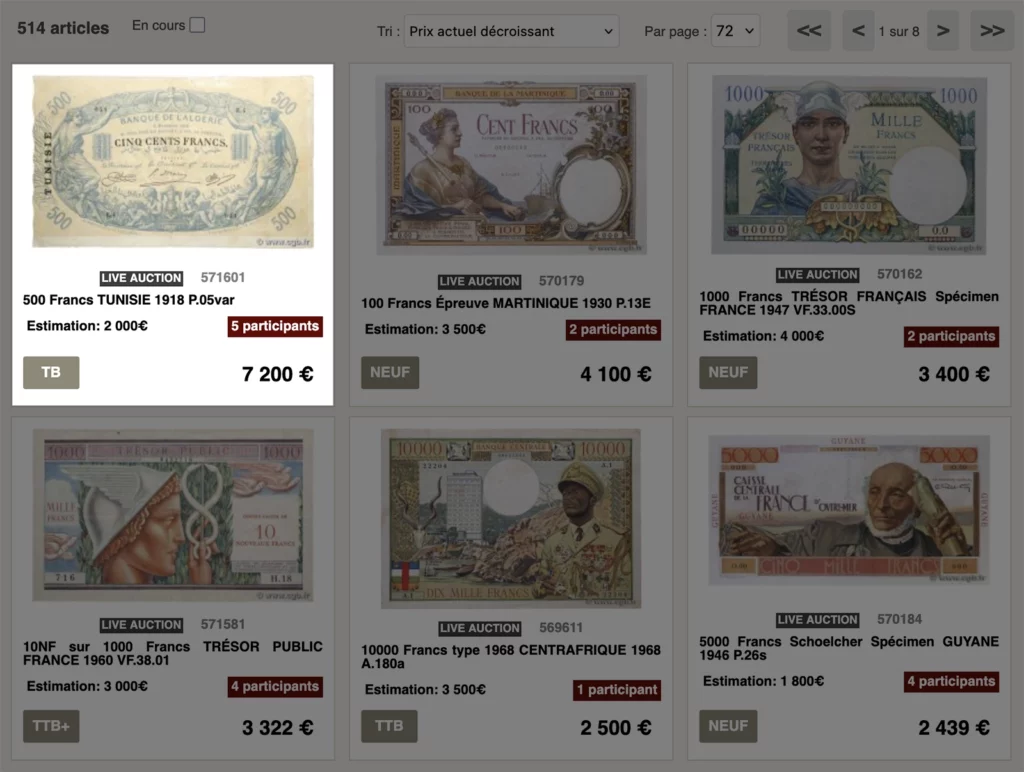 500 francs type 1918 Tunisie, record de vente chez cgb.fr